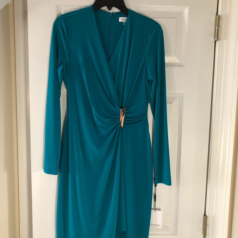 Calvin Klein Teal Solid Faux Wrap Dress